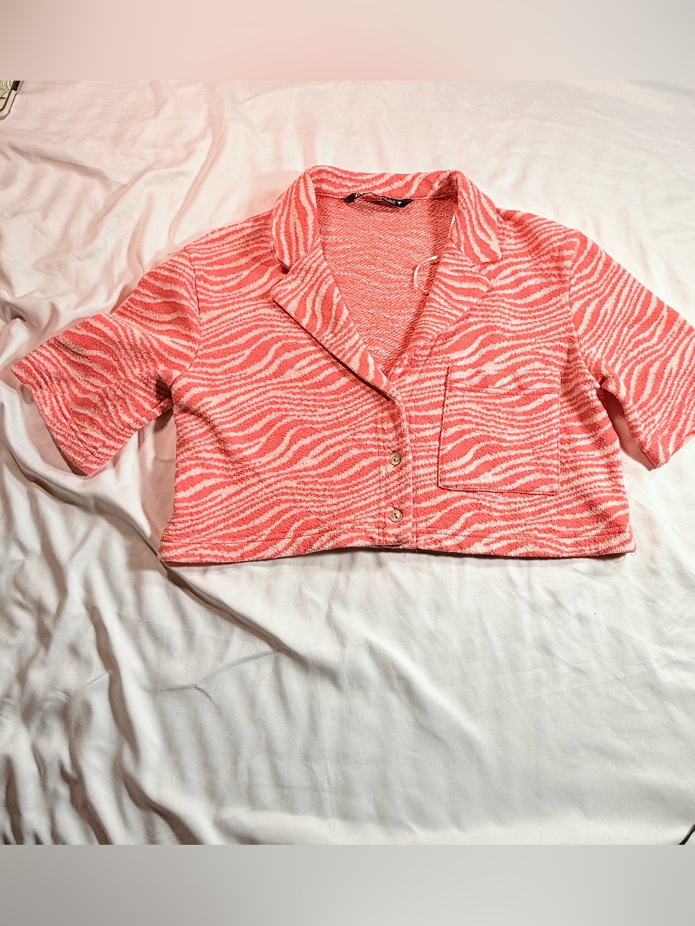 ZARA Pink Zebra Print Terry Cloth Cropped Shirt Top XS Resortwear Beach